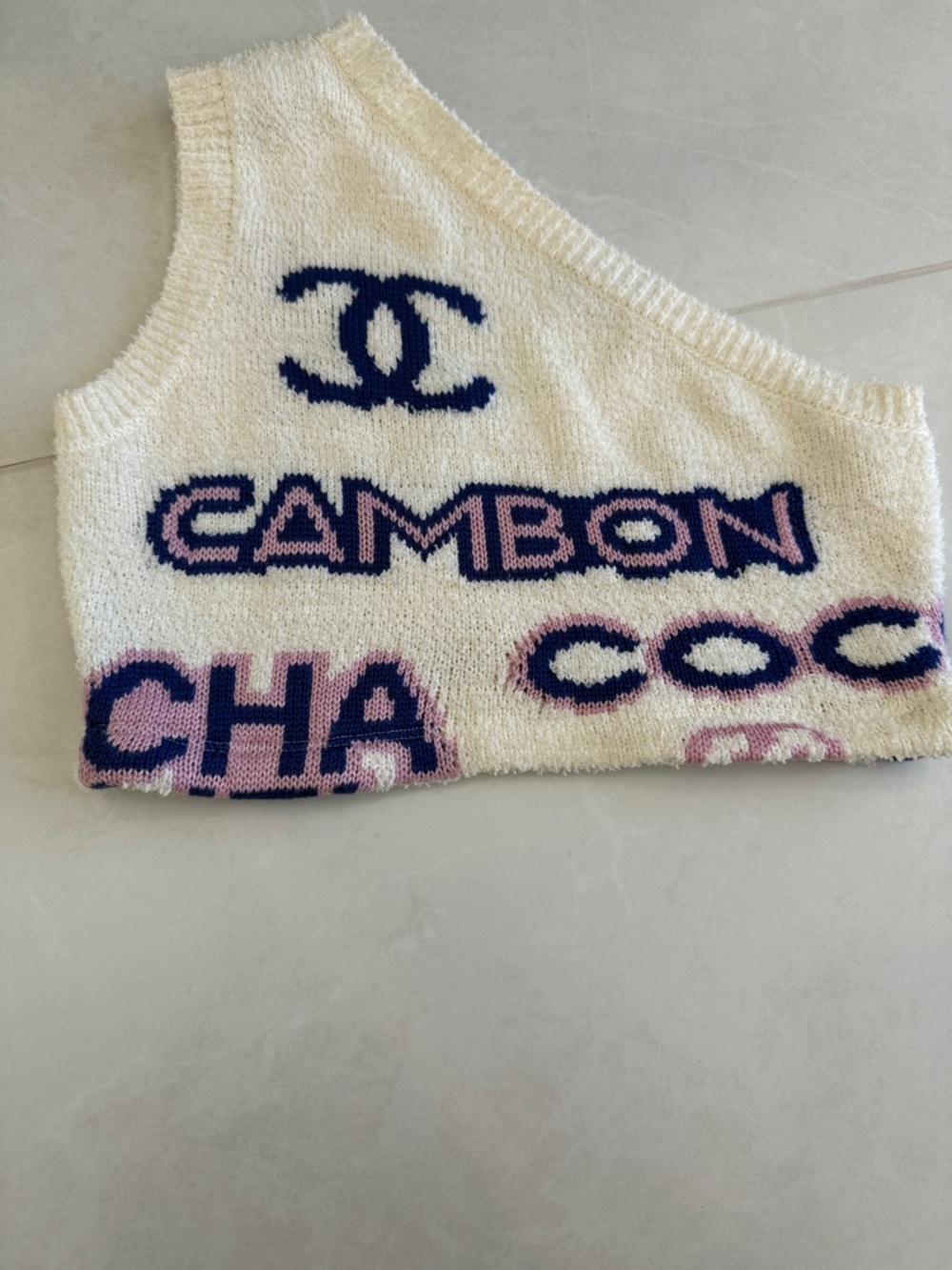 Asymmetric Cream Knit Tank Top with Navy & Pink Logo
